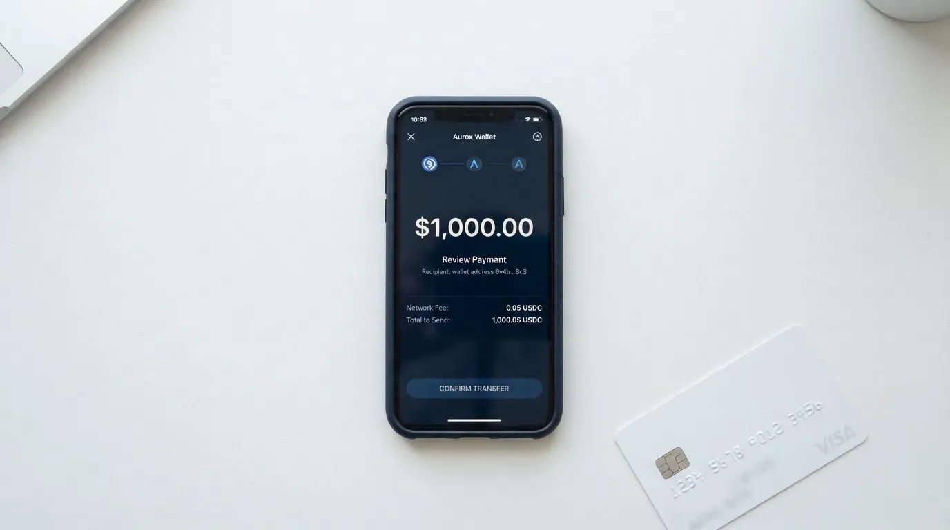 A phone showing a stablecoin transfer screen