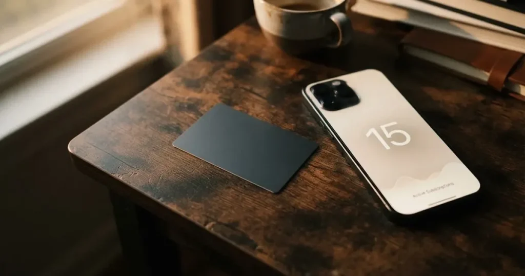 A payment card next to a phone with a crypto wallet app open