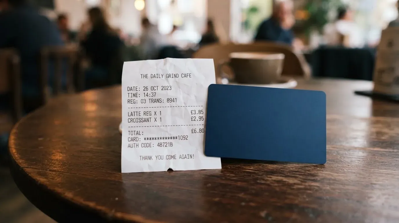 A receipt and a card on a café table