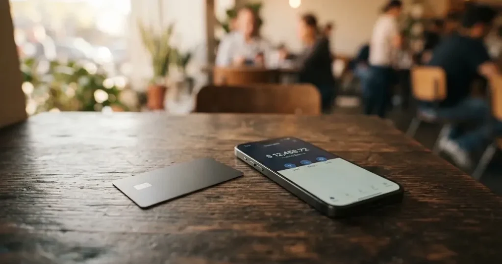 A payment card next to a phone with a crypto wallet app open