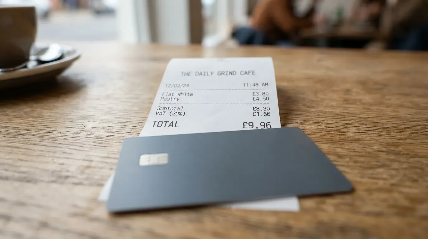 A receipt and a card on a café table