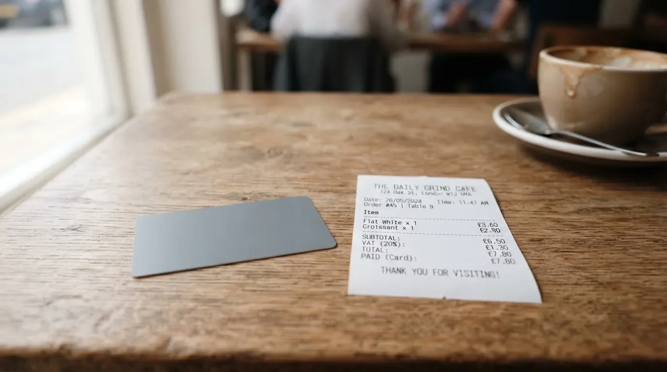 A receipt and a card on a café table