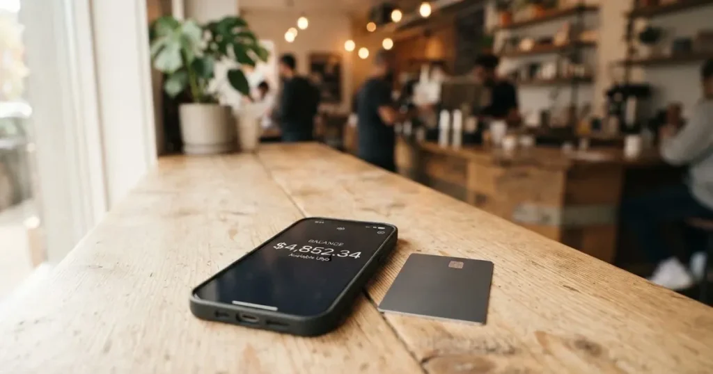 A payment card next to a phone with a crypto wallet app open