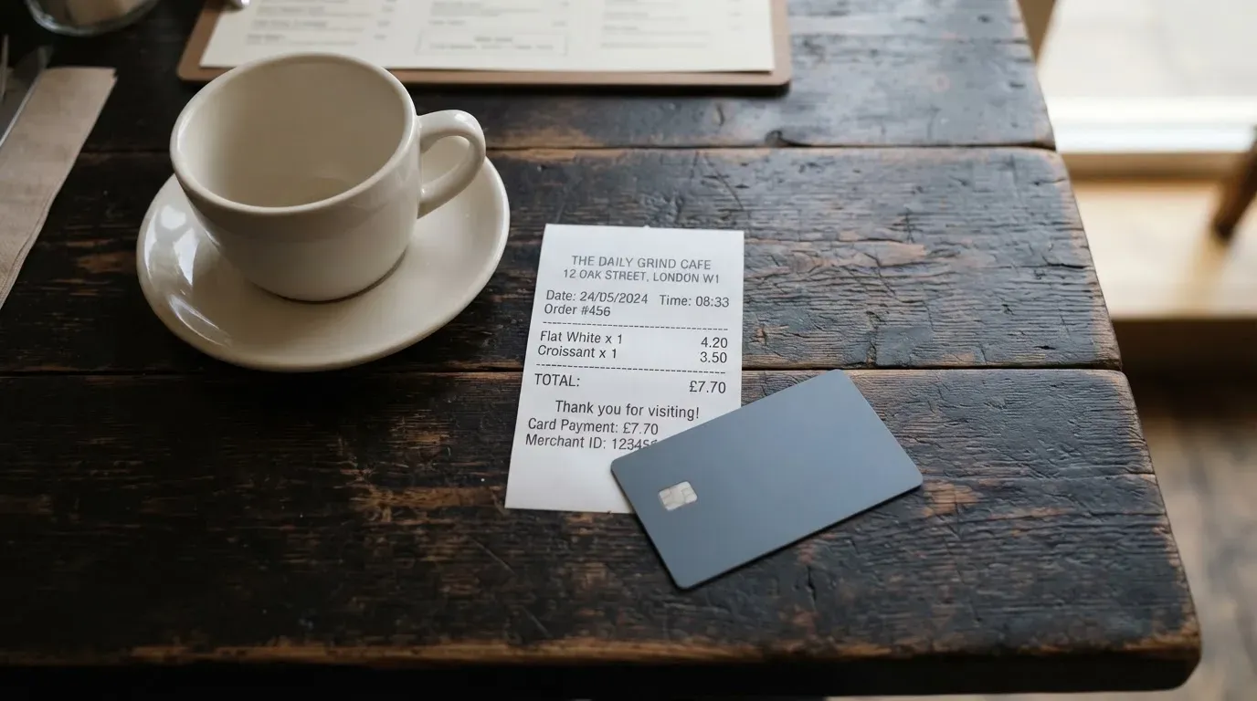 A receipt and a card on a café table