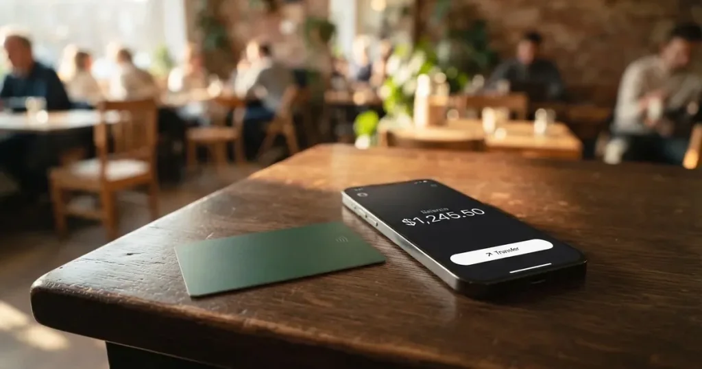 A payment card next to a phone with a crypto wallet app open