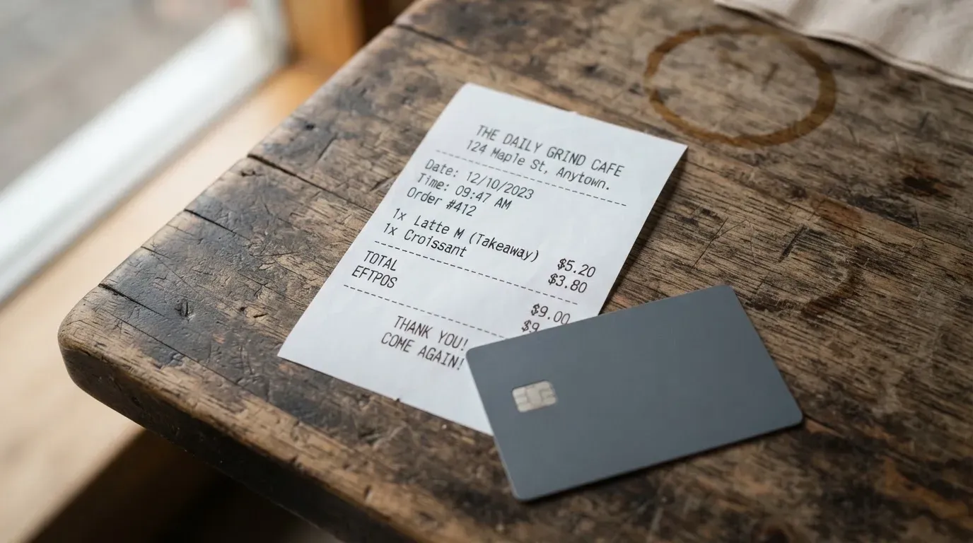 A receipt and a card on a café table