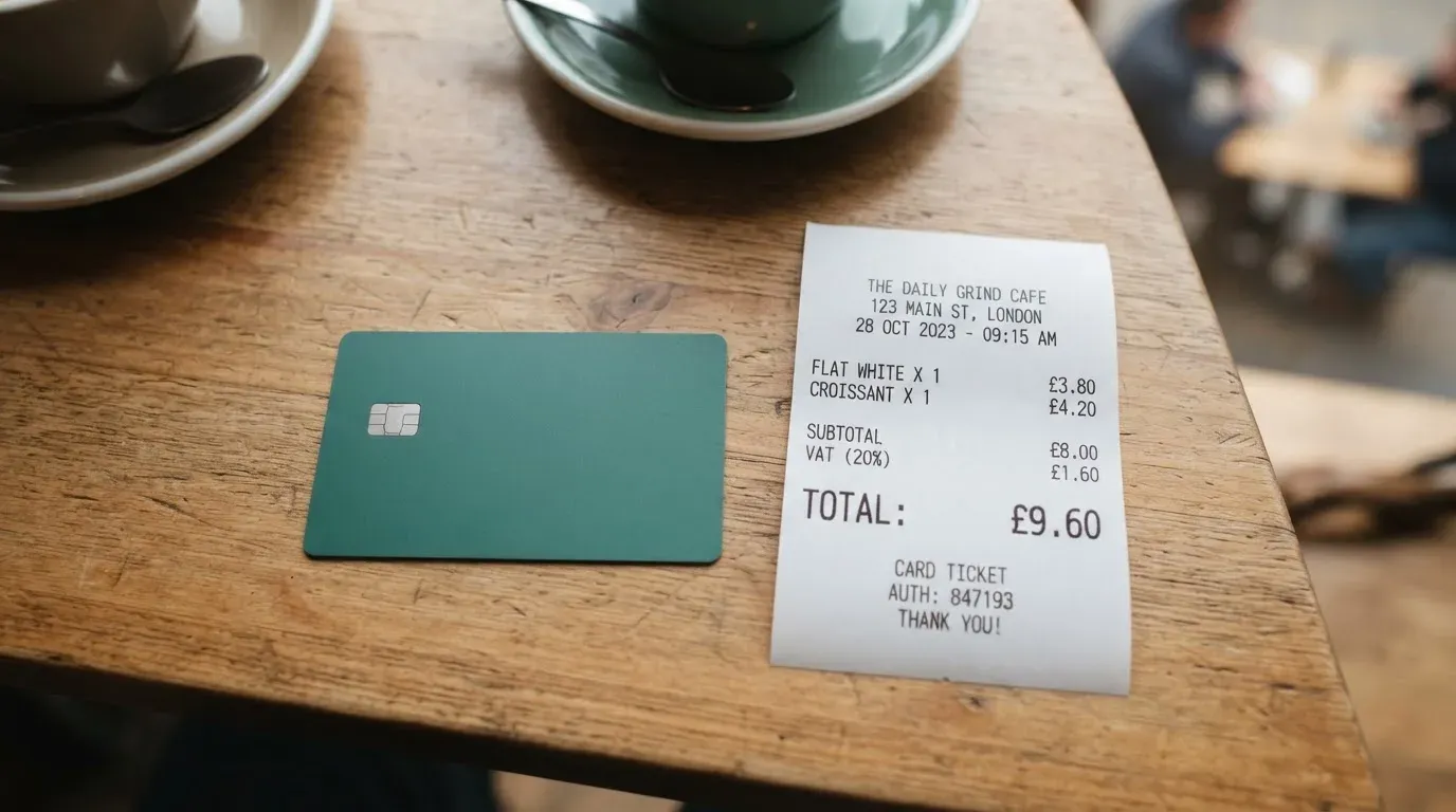 A receipt and a card on a café table