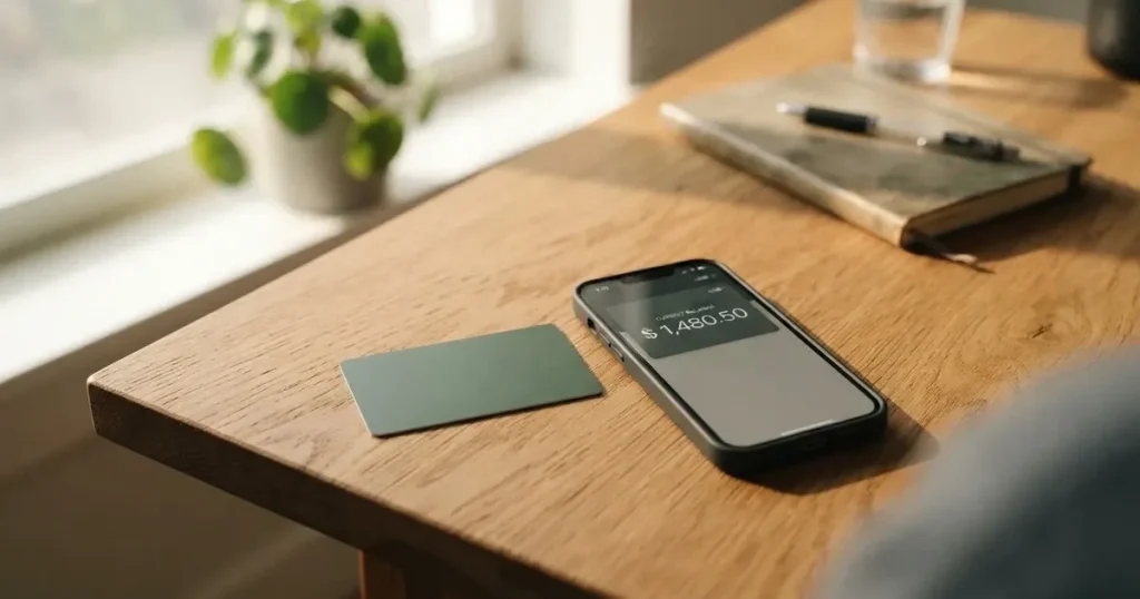 A payment card next to a phone with a crypto wallet app open