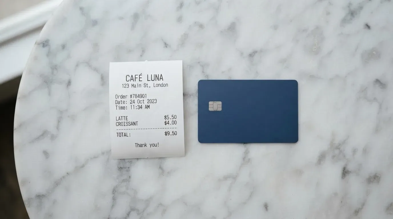 A receipt and a card on a café table