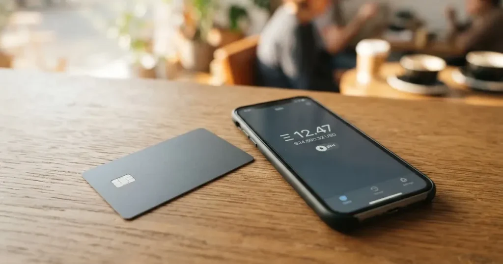 A payment card next to a phone with a crypto wallet app open