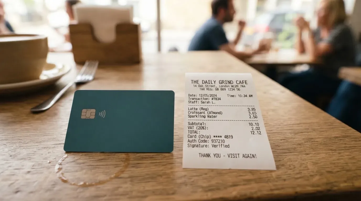 A receipt and a card on a café table