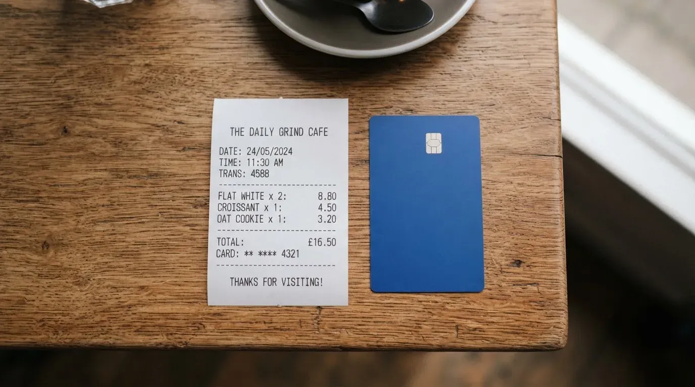 A receipt and a card on a café table