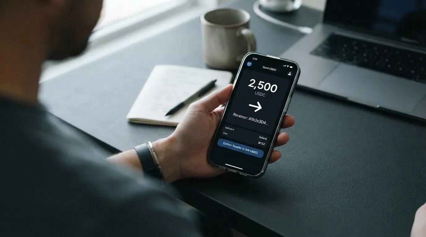 A phone showing a stablecoin transfer screen