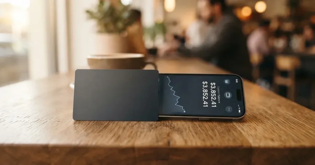 A payment card next to a phone with a crypto wallet app open