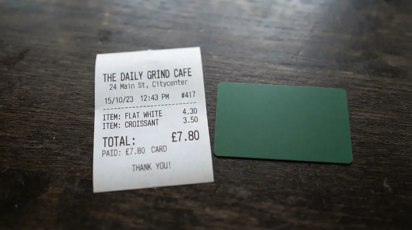 A receipt and a card on a café table