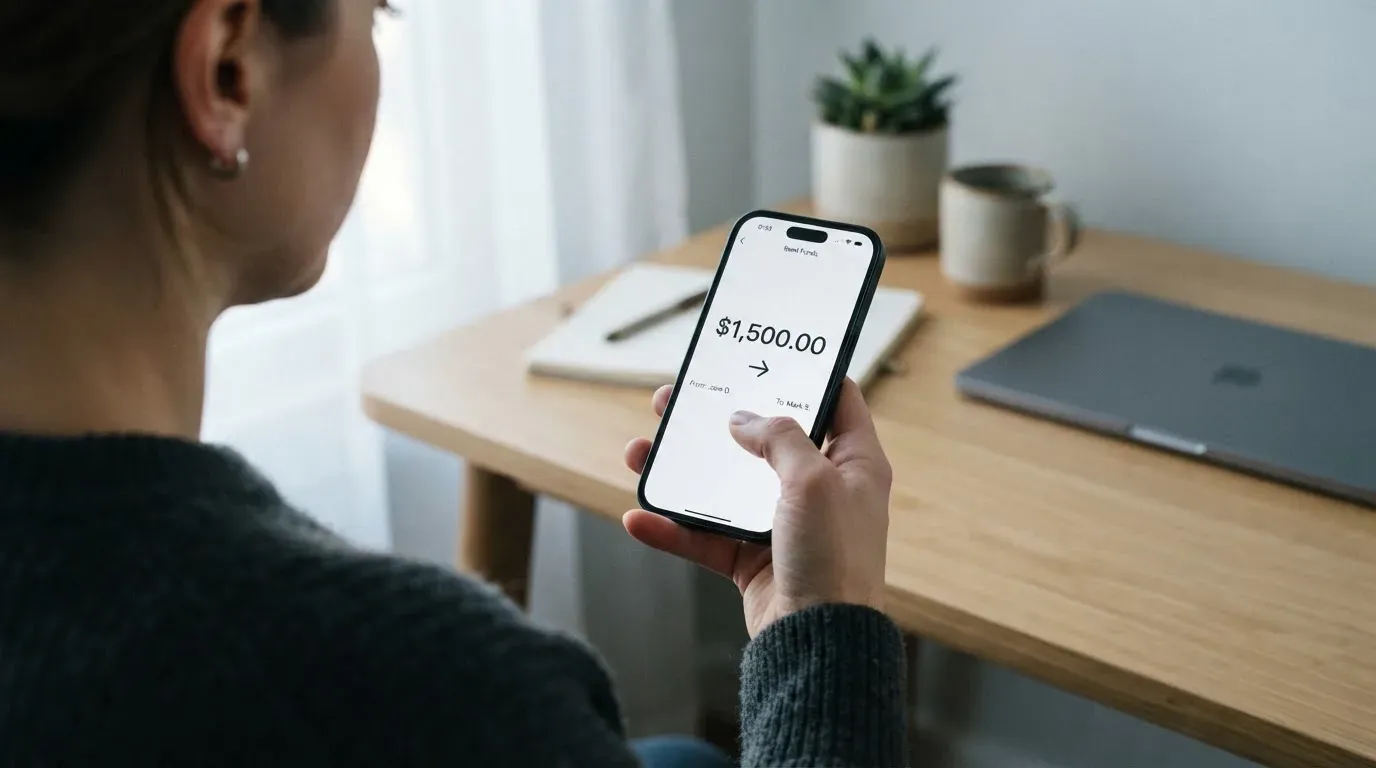 A phone showing a stablecoin transfer screen