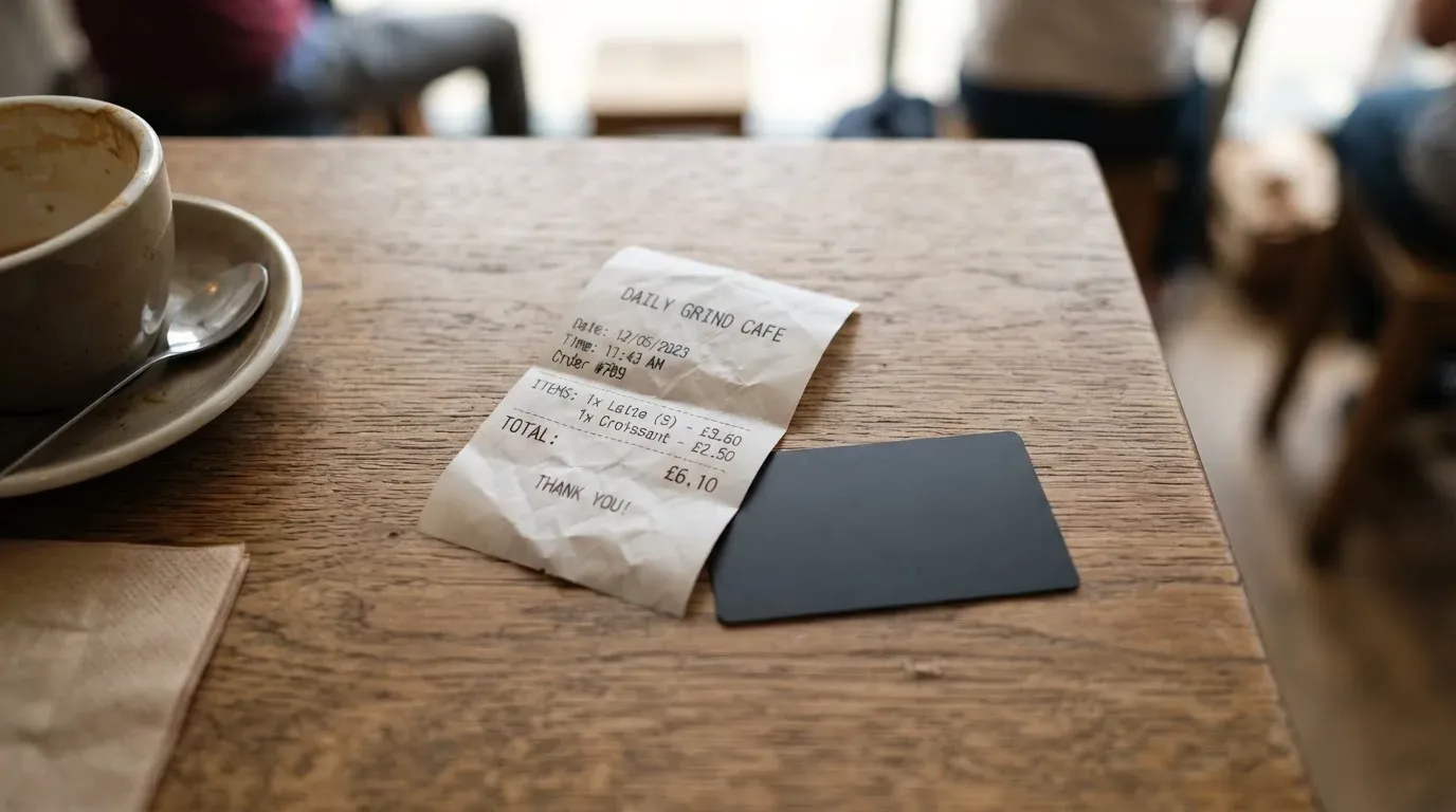 A receipt and a card on a café table