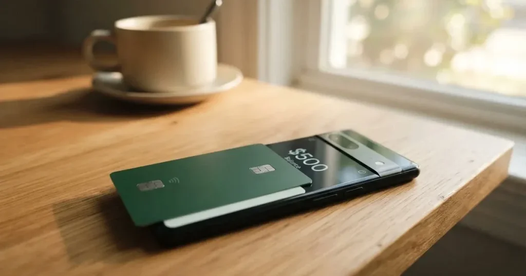 A payment card next to a phone with a crypto wallet app open