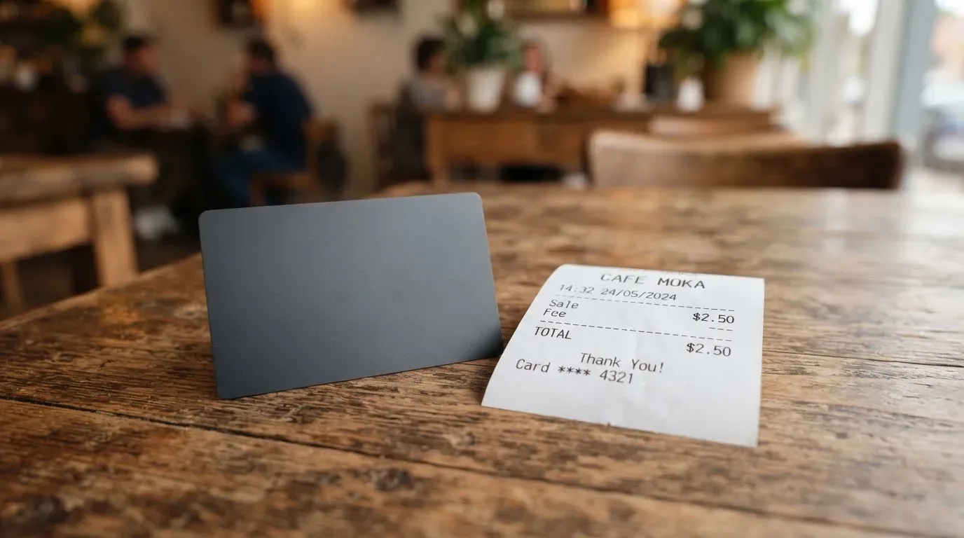 A receipt and a card on a café table