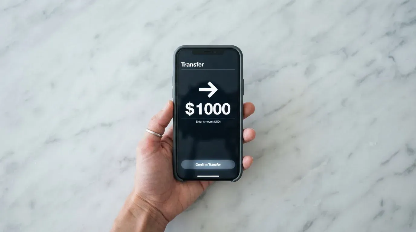 A phone showing a stablecoin transfer screen