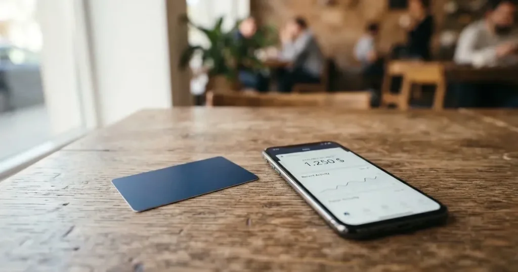 A payment card next to a phone with a crypto wallet app open