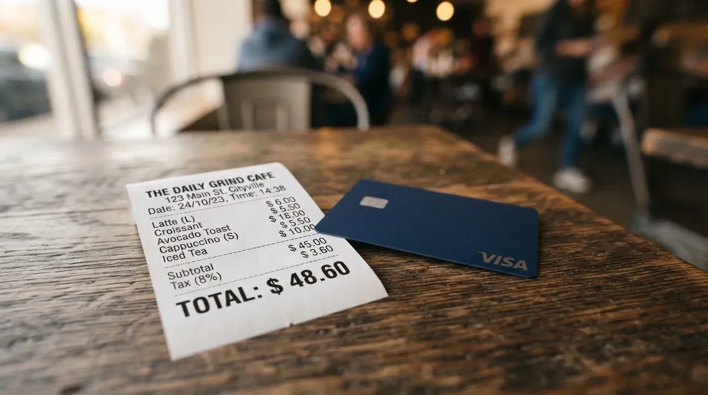 A receipt and a card on a café table