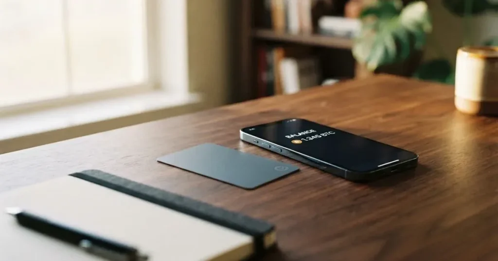 A payment card next to a phone with a crypto wallet app open