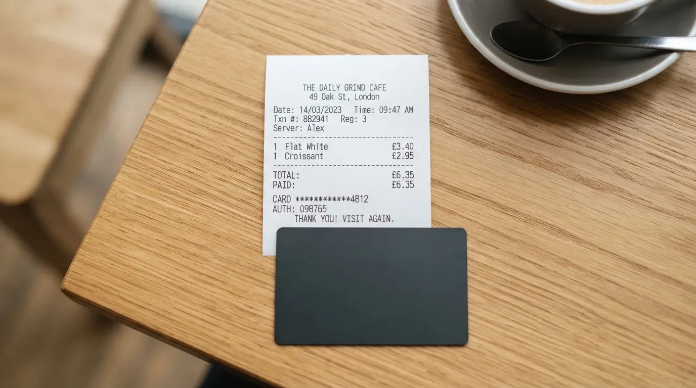 A receipt and a card on a café table