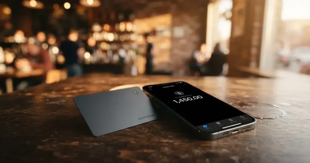 A payment card next to a phone with a crypto wallet app open