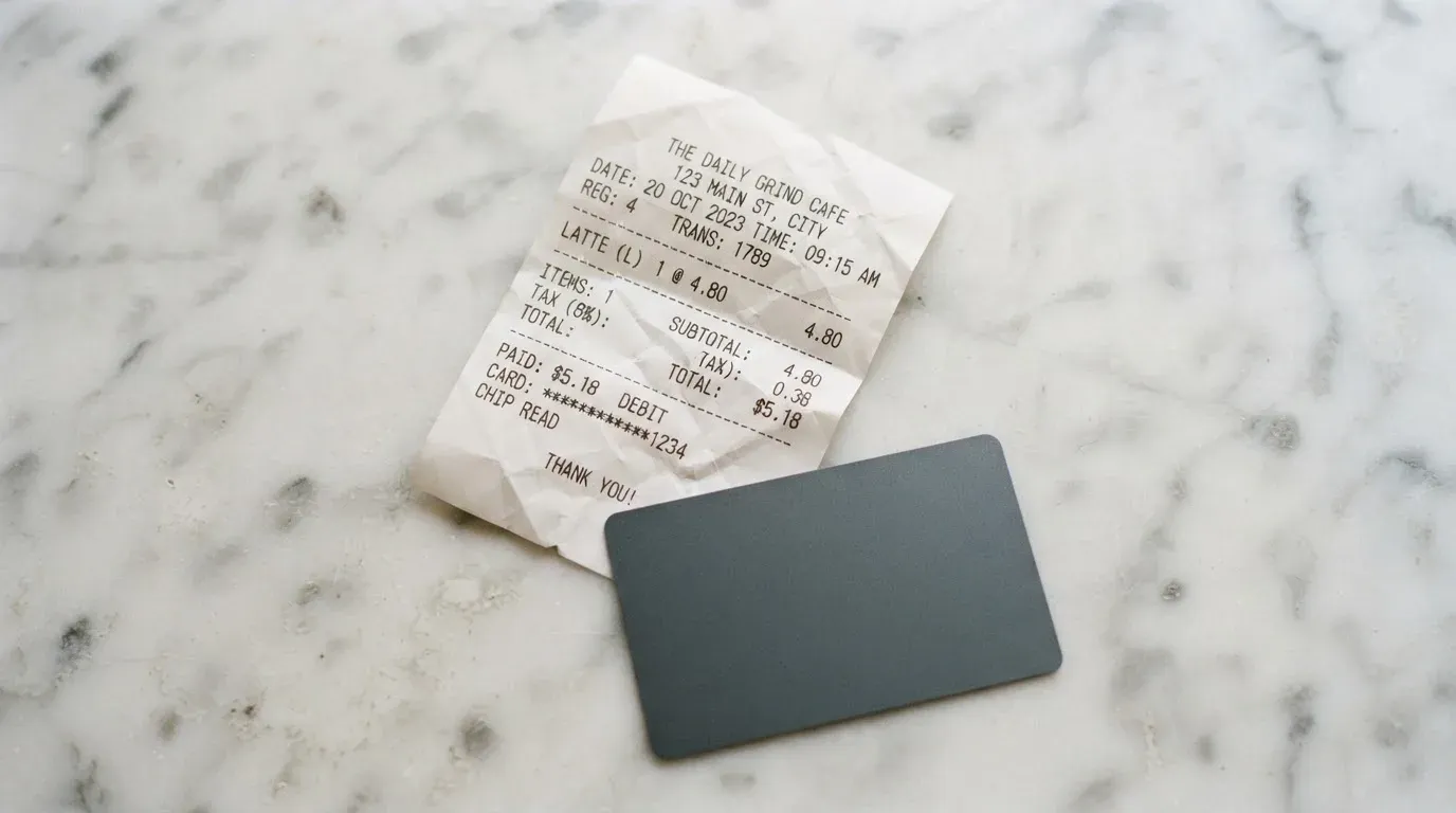 A receipt and a card on a café table