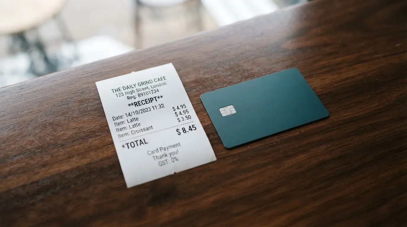 A receipt and a card on a café table