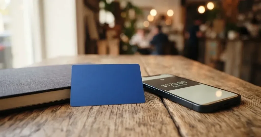 A payment card next to a phone with a crypto wallet app open