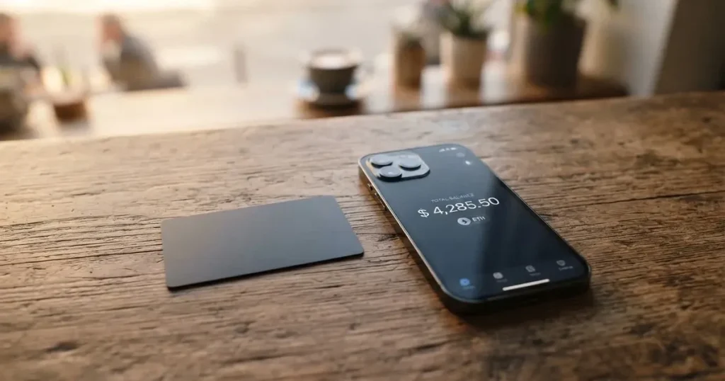 A payment card next to a phone with a crypto wallet app open