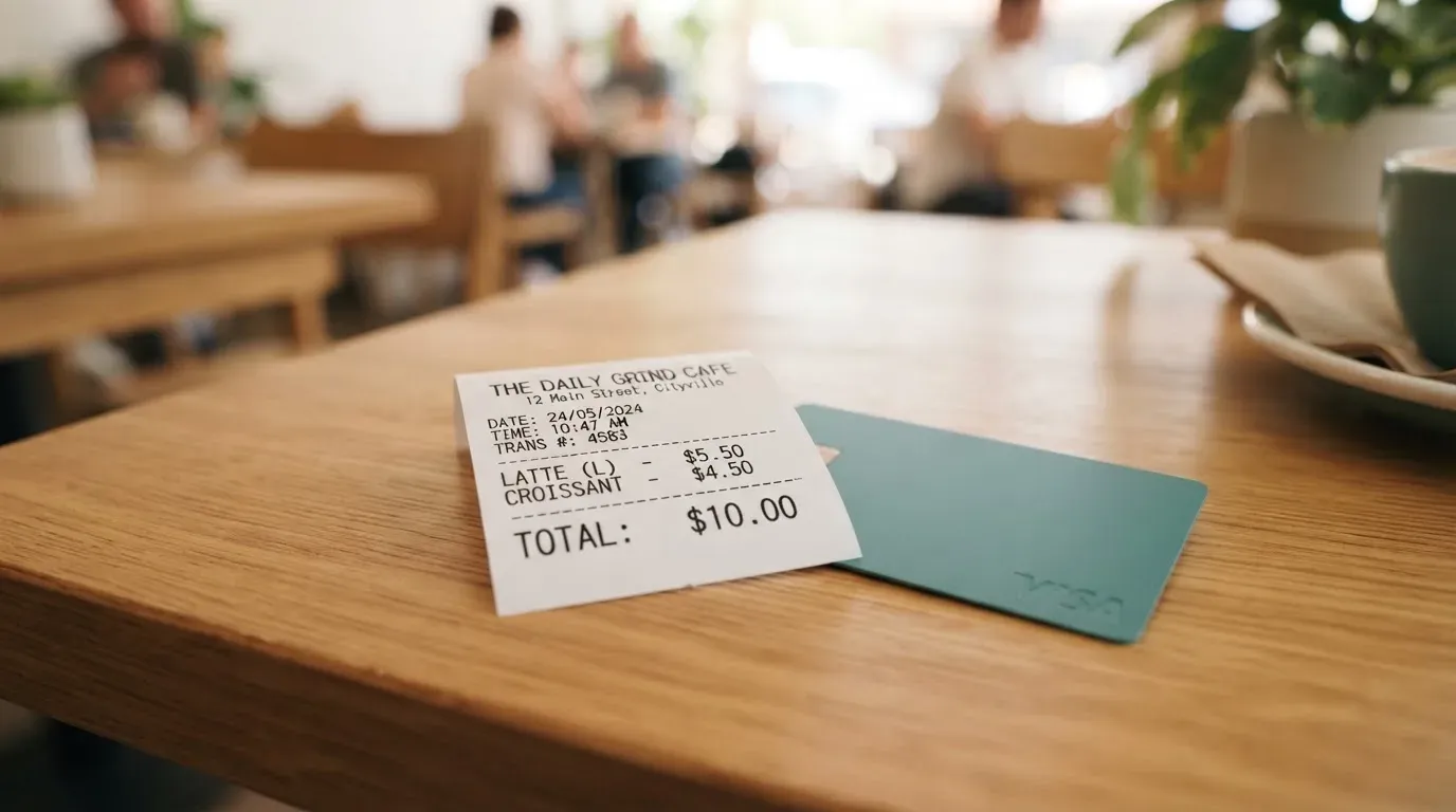 A receipt and a card on a café table