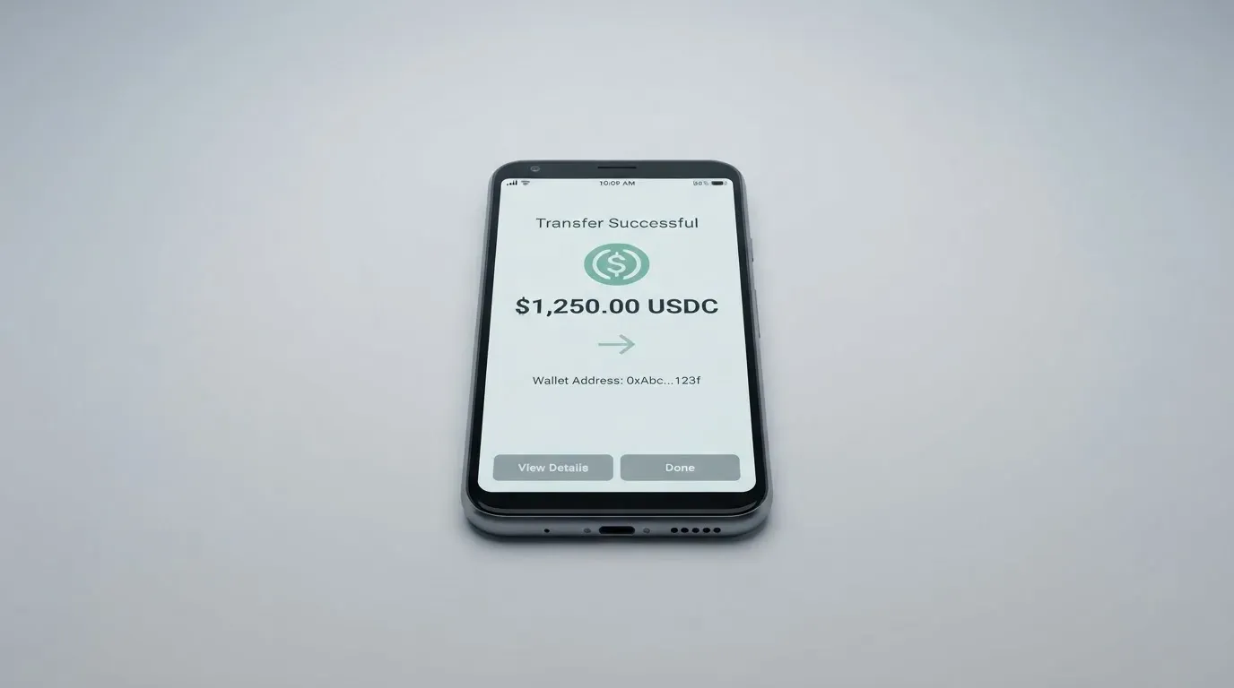 A phone showing a stablecoin transfer screen