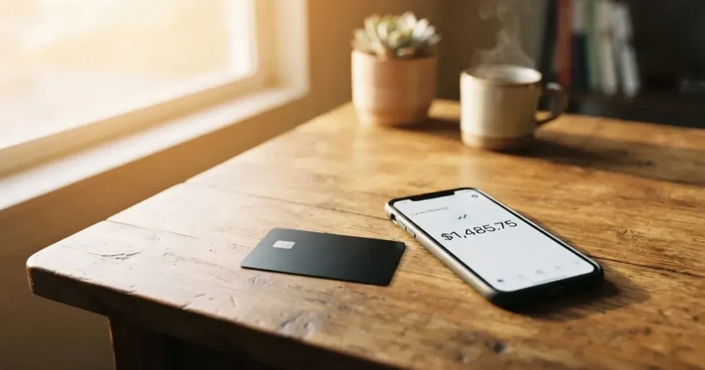 A payment card next to a phone with a crypto wallet app open