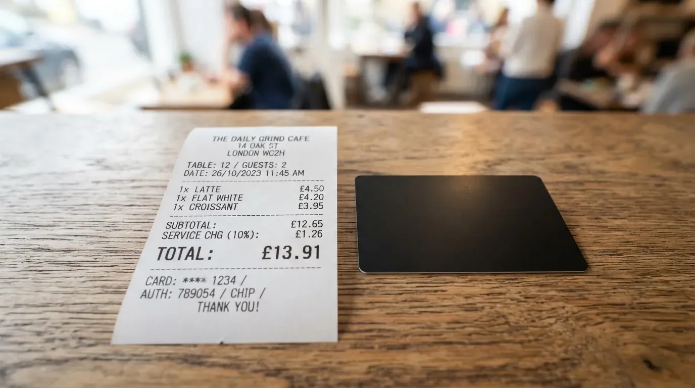 A receipt and a card on a café table