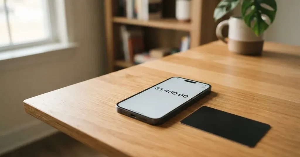 A payment card next to a phone with a crypto wallet app open