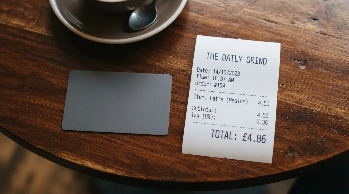 A receipt and a card on a café table
