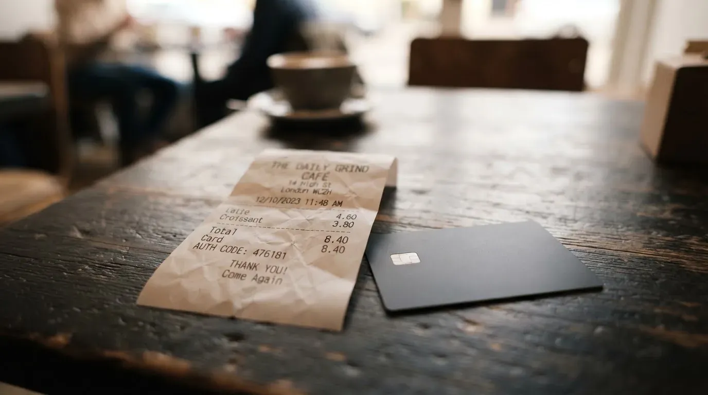 A receipt and a card on a café table