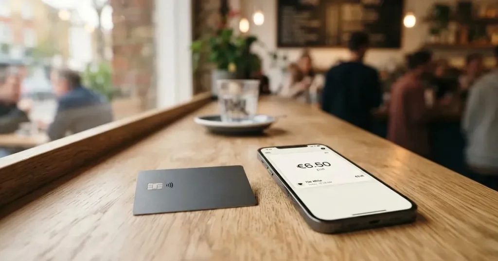 A payment card next to a phone with a crypto wallet app open
