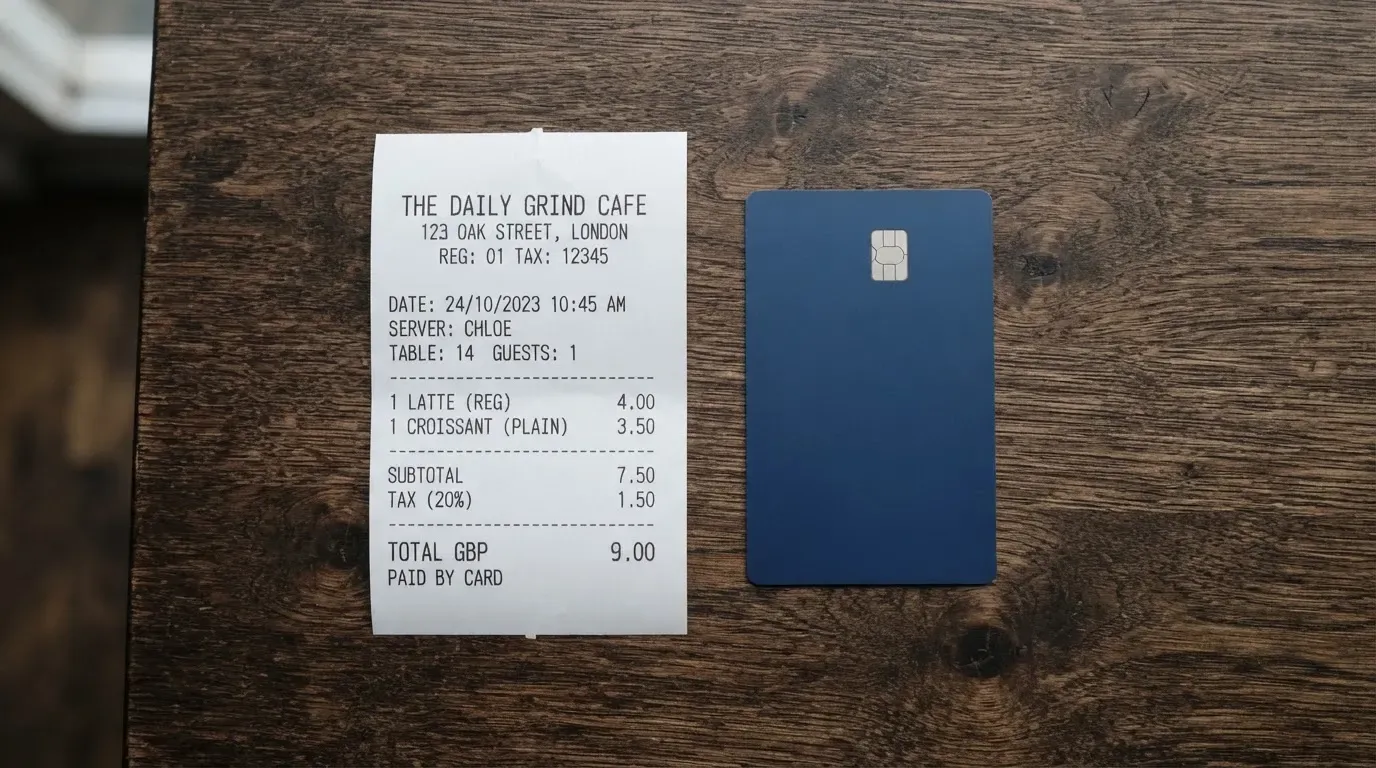 A receipt and a card on a café table