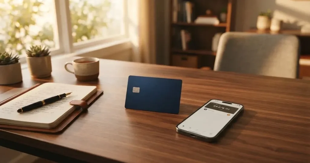 A payment card next to a phone with a crypto wallet app open