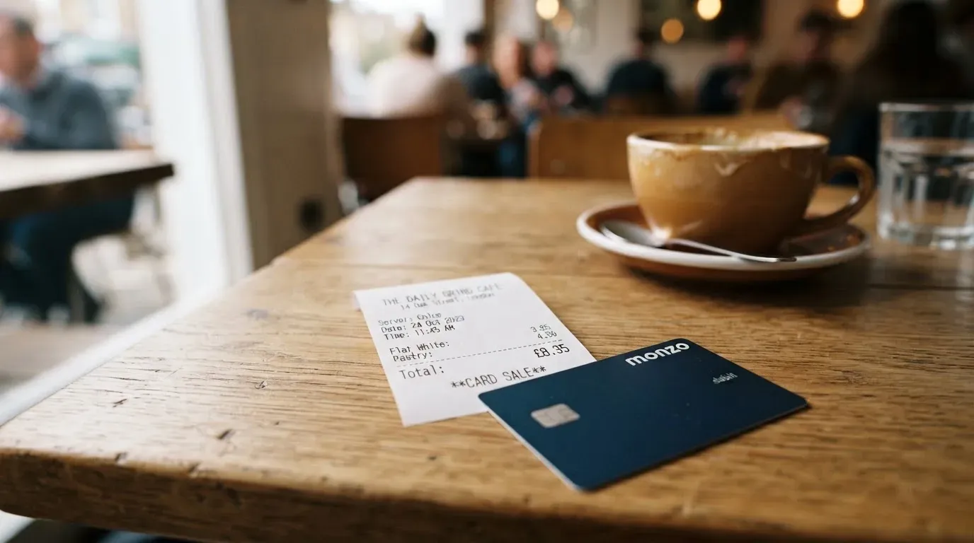 A receipt and a card on a café table
