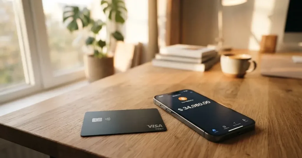 A payment card next to a phone with a crypto wallet app open