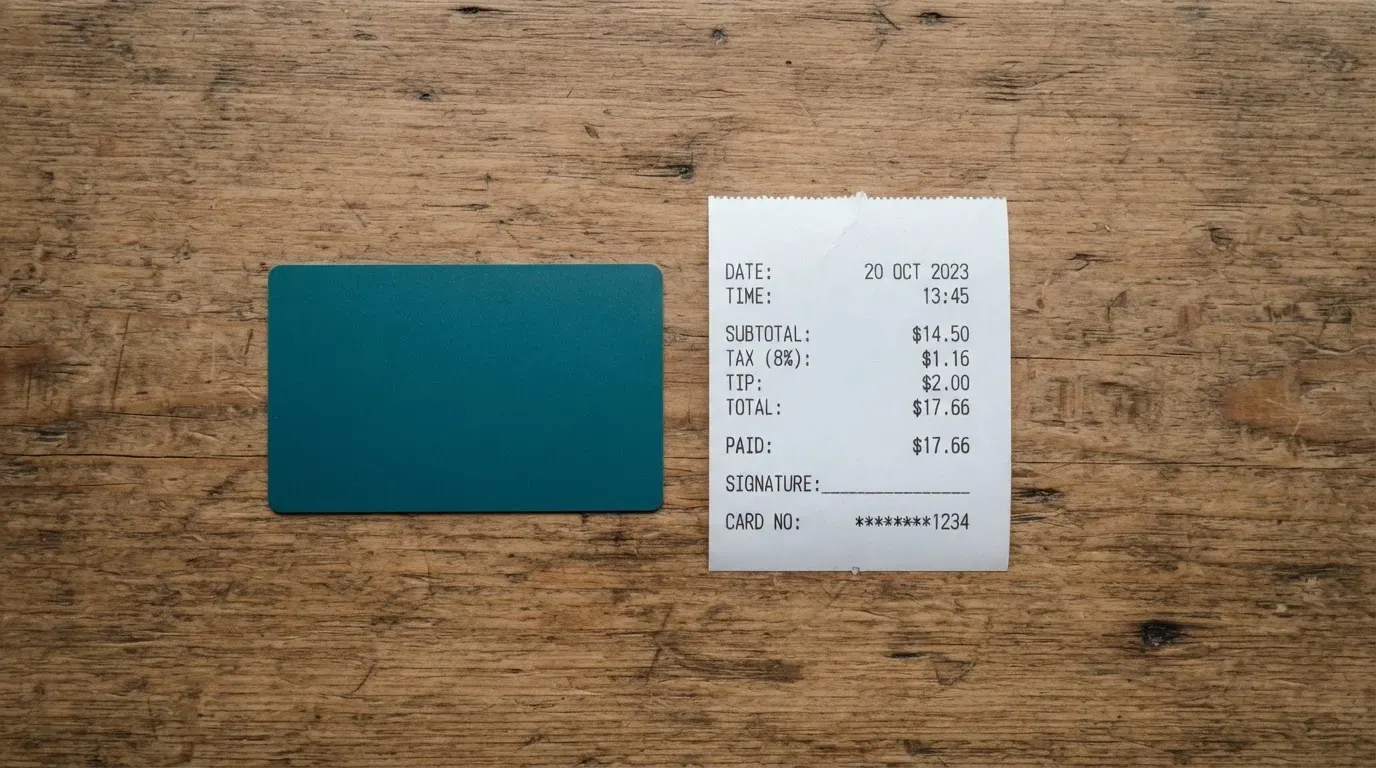 A receipt and a card on a café table