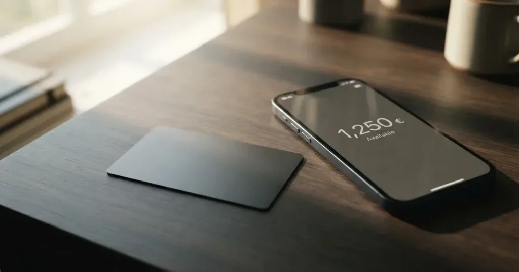 A payment card next to a phone with a crypto wallet app open