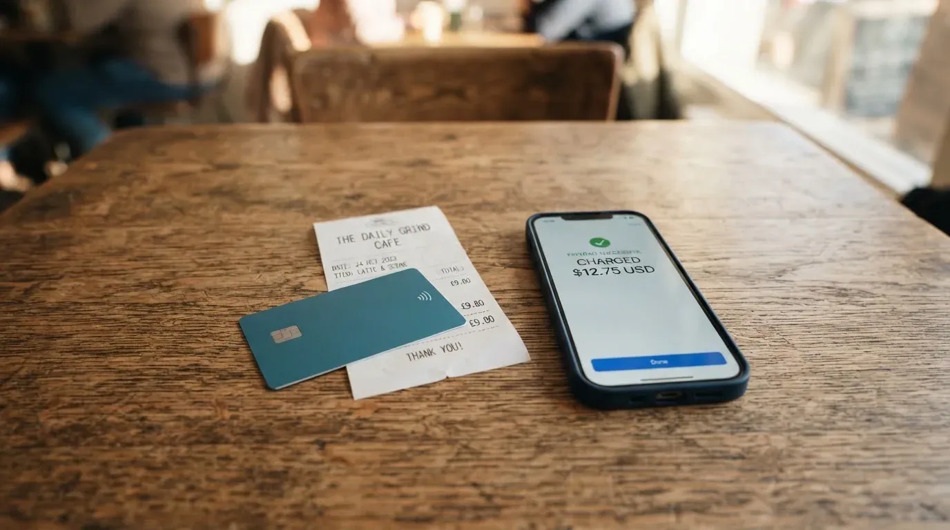 A receipt and a card on a café table