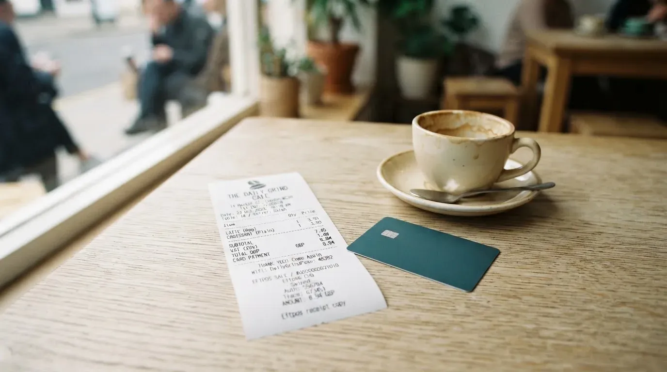 A receipt and a card on a café table