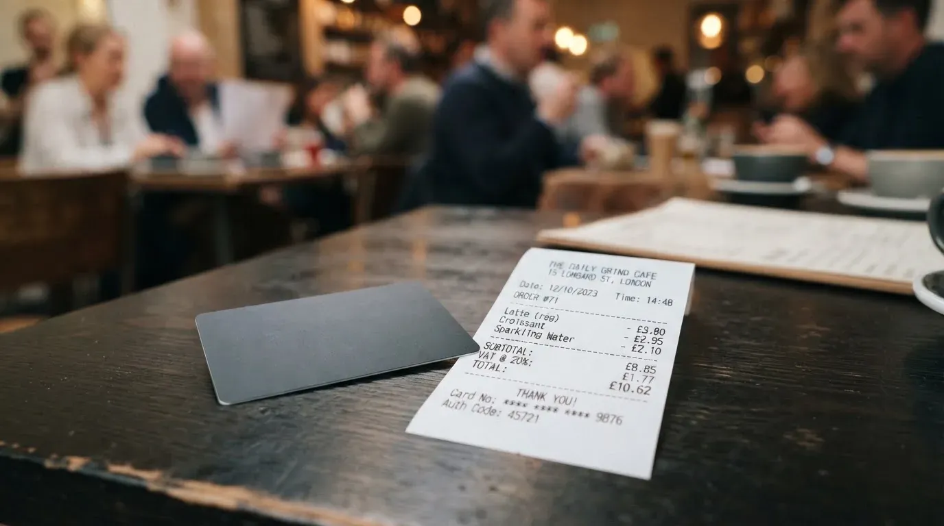 A receipt and a card on a café table